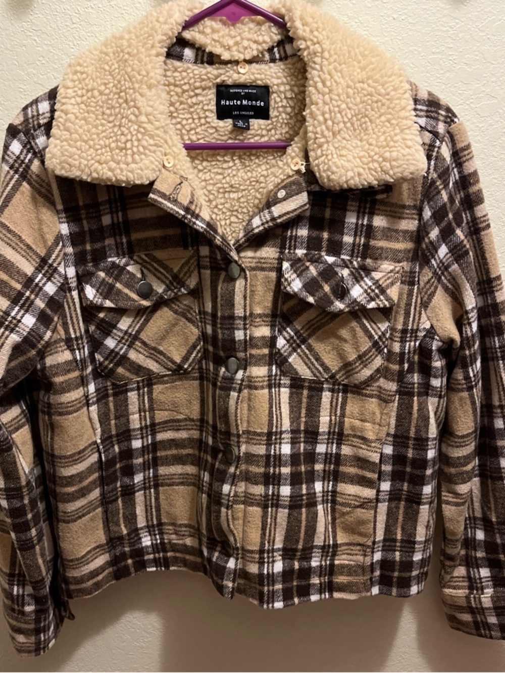 Haute Monde Sherpa-Lined Plaid Shacket in Brown and Cream